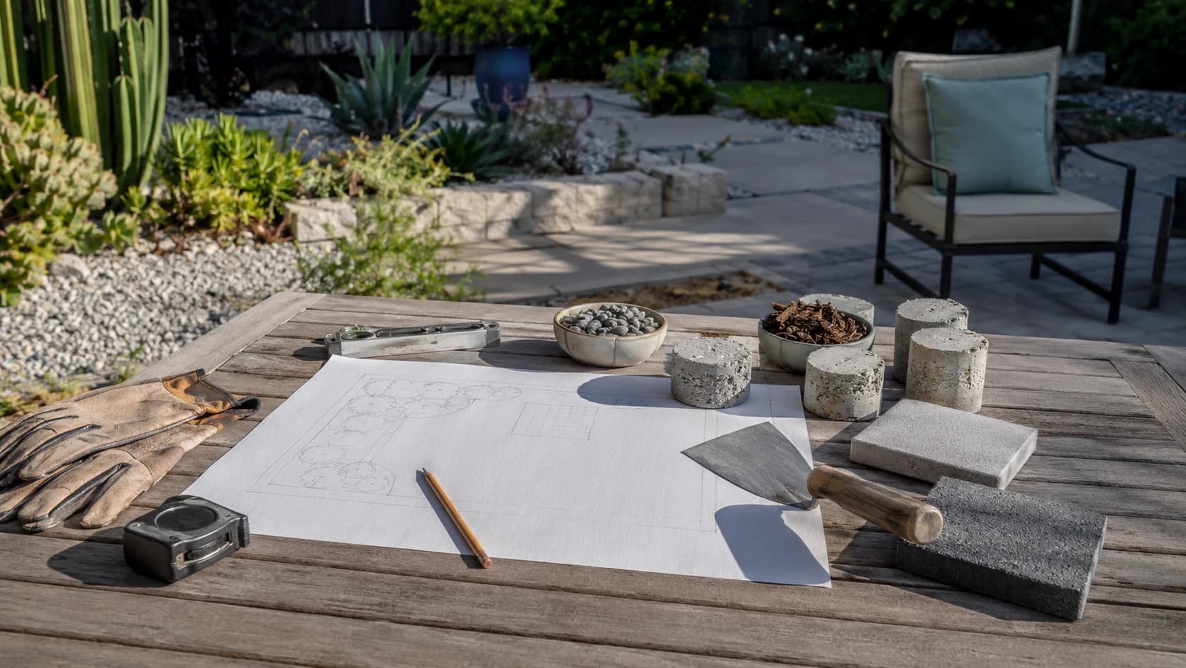 Concrete project planning tools, notes, and materials arranged on an outdoor work surface.