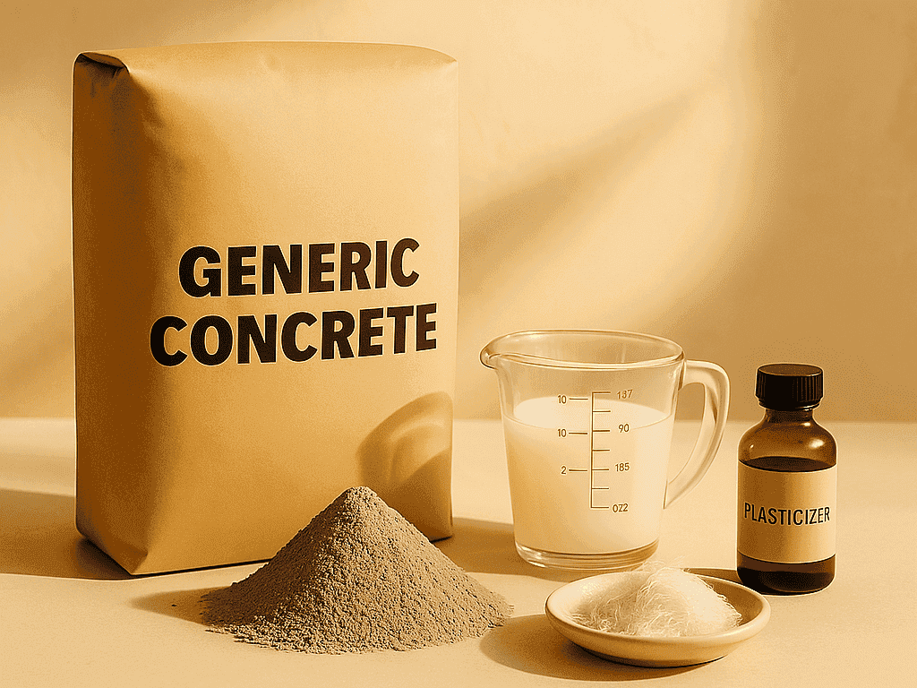 Concrete countertop mix ingredients laid out for a DIY project