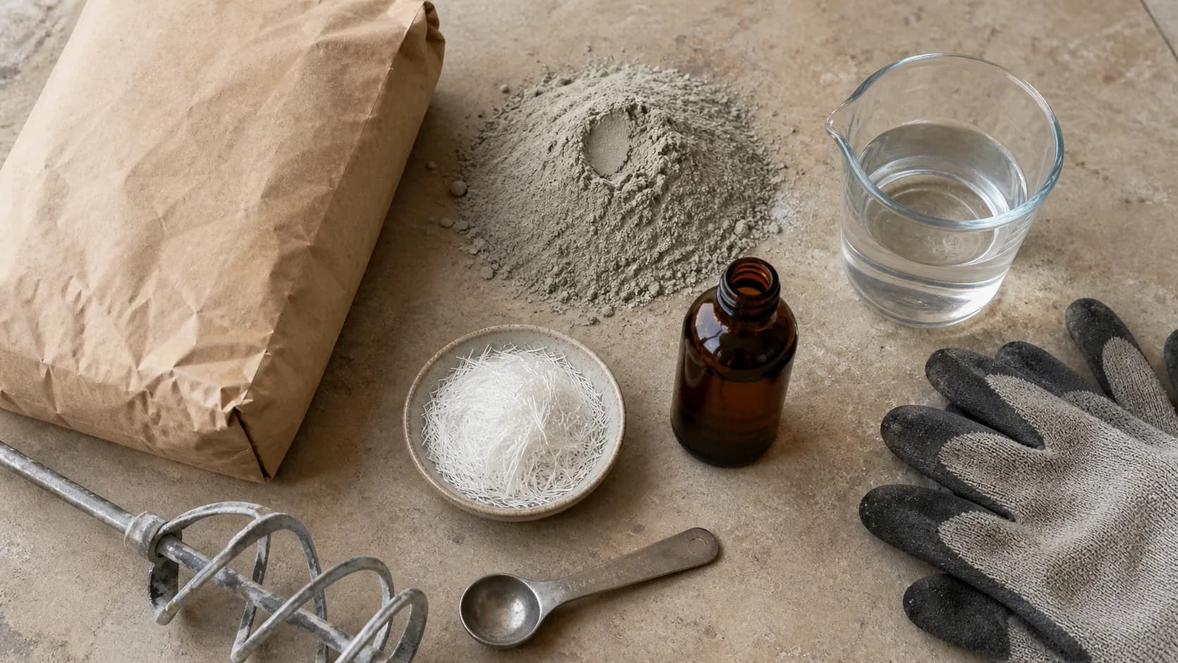 Concrete mix ingredients, water, fibers, gloves, and mixing paddle arranged on a work surface.