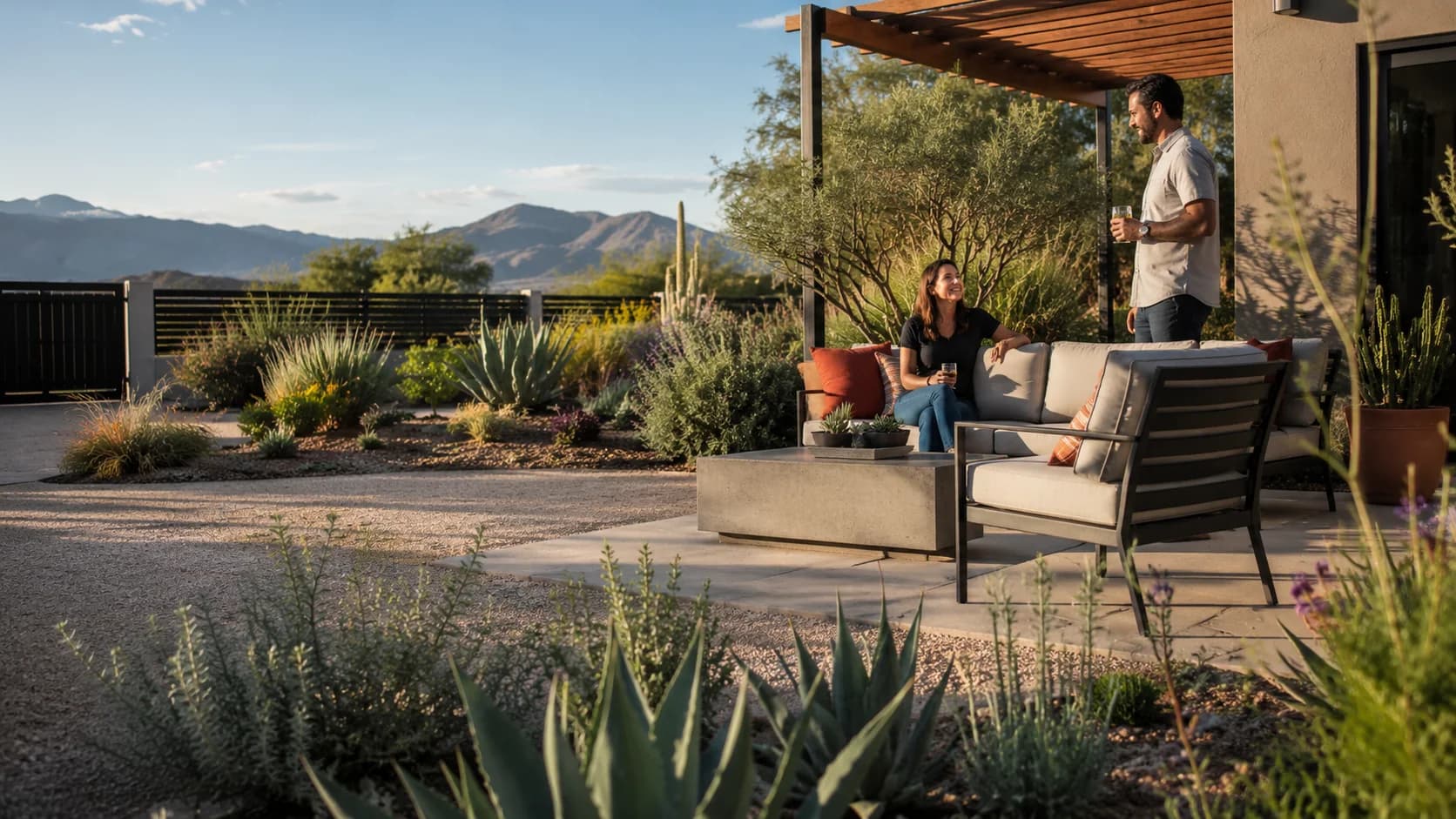 Couple relaxing on a bright dry-climate backyard patio with low-water planting, concrete hardscape, and mountain views.