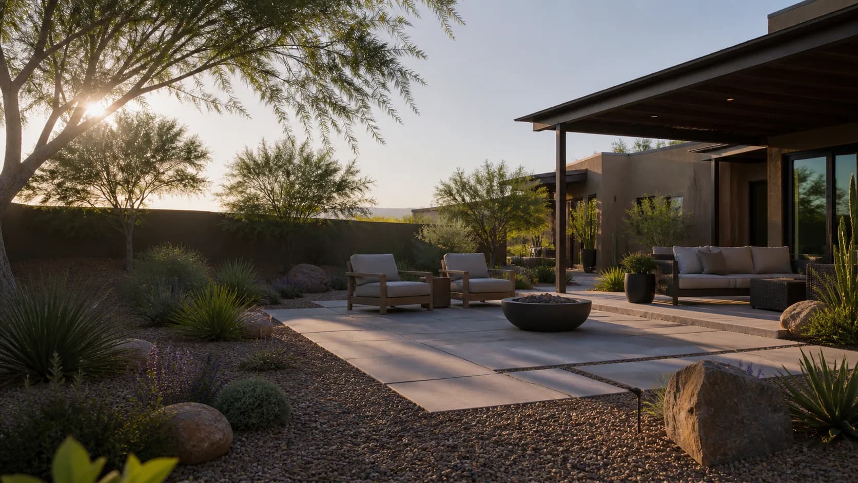 Modern desert backyard patio with low-water planting, shaded seating, and warm evening light.
