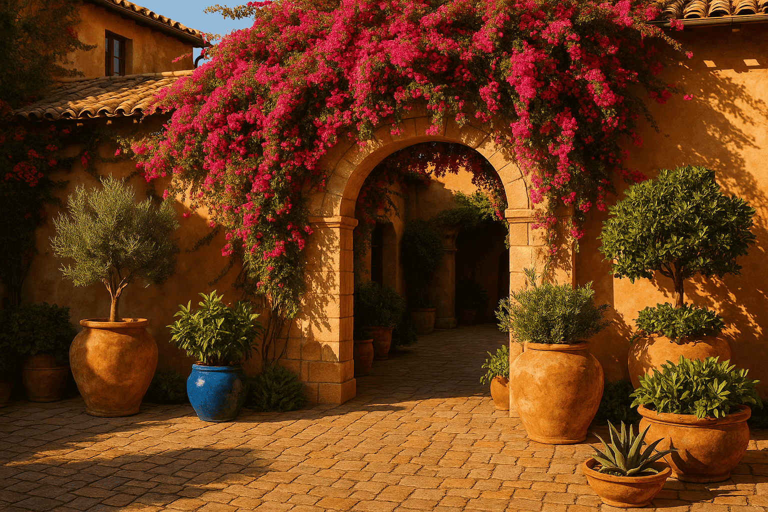 Tuscan-inspired courtyard with warm outdoor living details
