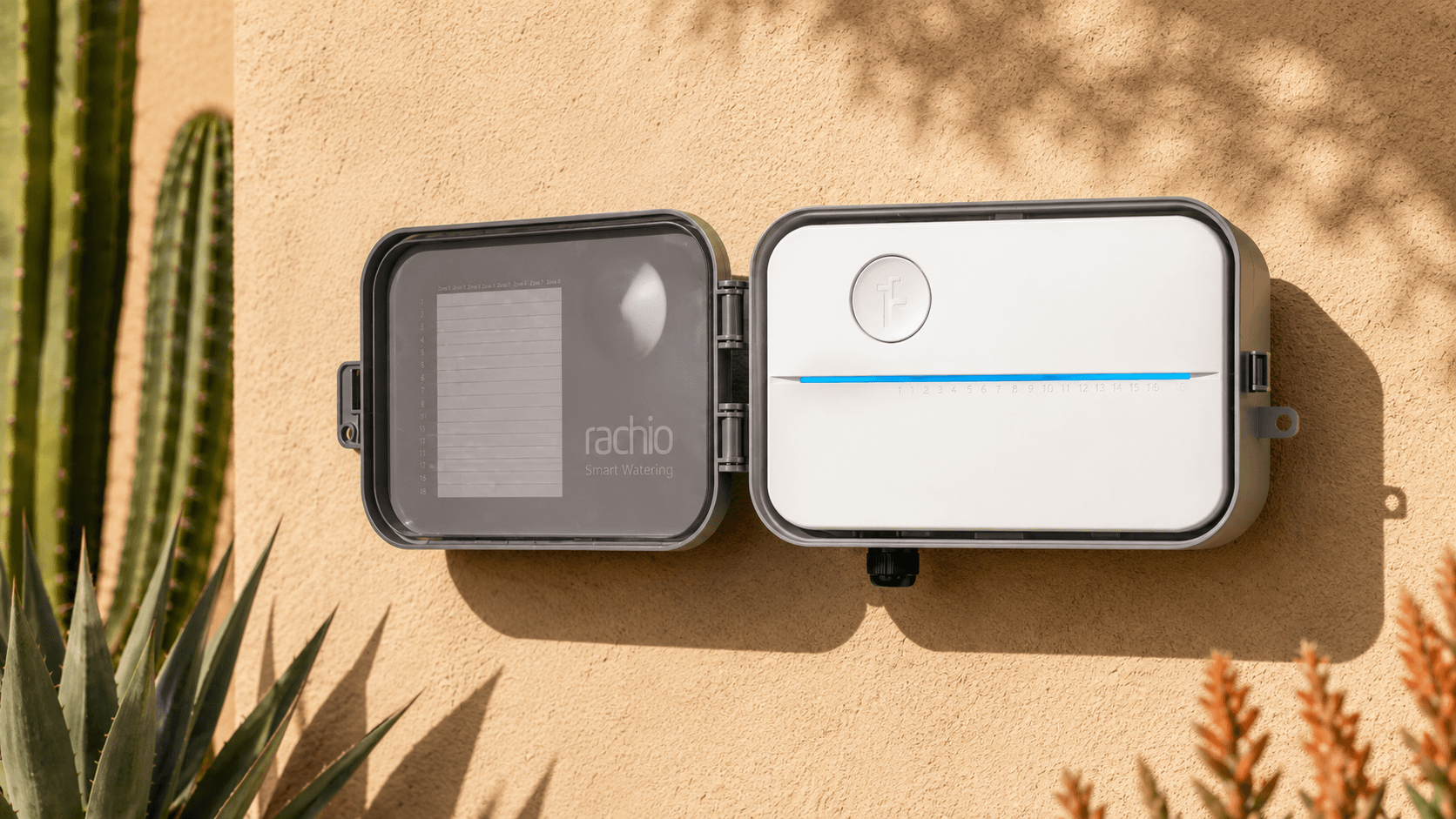 Rachio smart irrigation controller mounted outdoors in a protective enclosure.