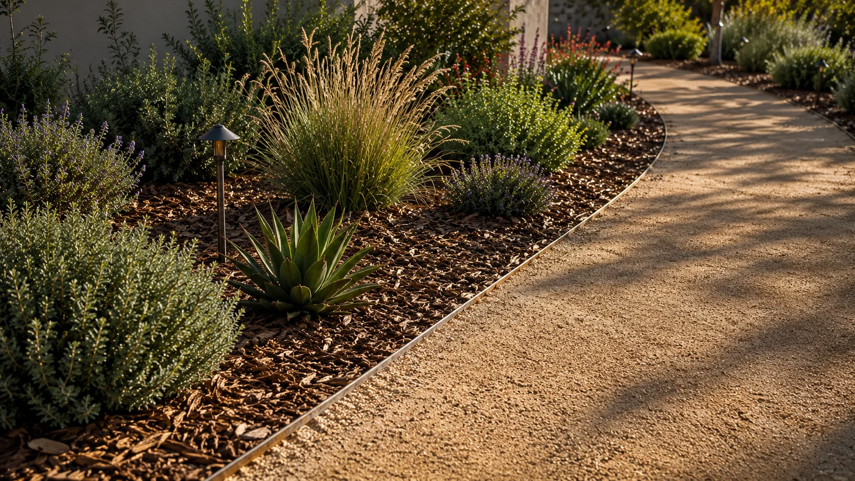 Xeriscape path edge showing gravel, mulch, grouped planting, and a clean transition.