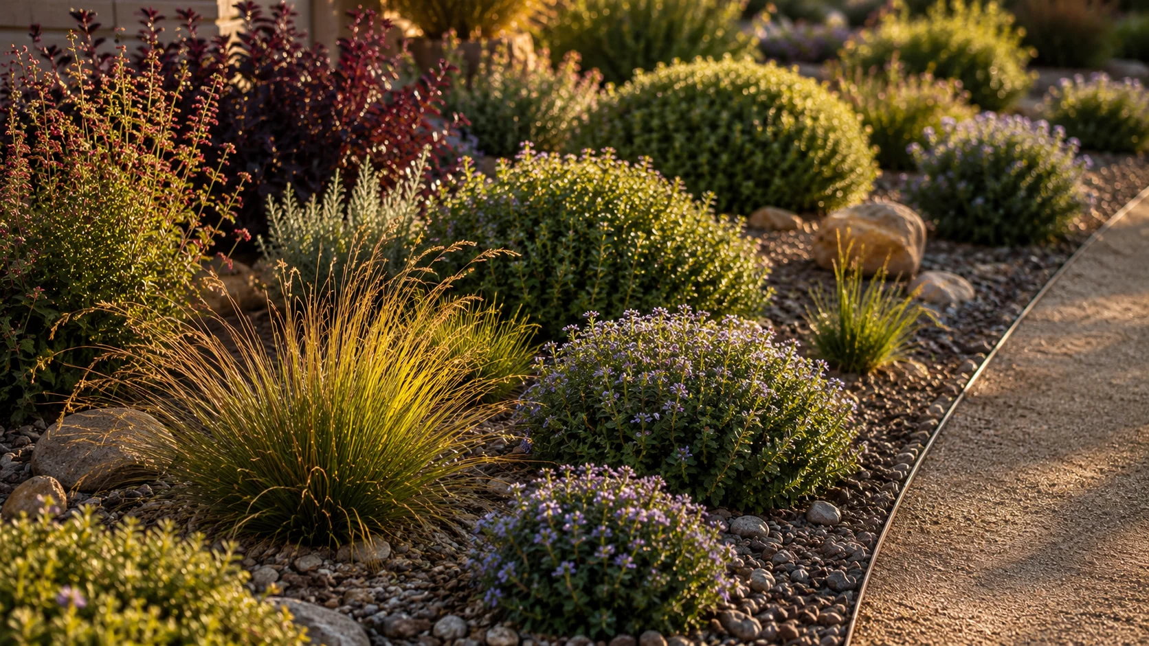 Repeated low-water plants creating rhythm beside mulch, gravel, and a path edge.