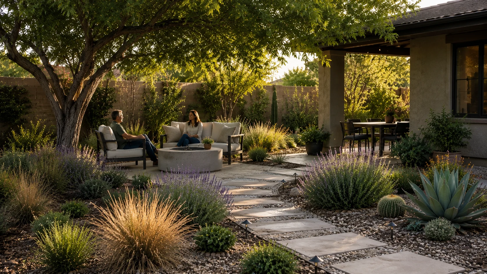 Shaded seating area framed by layered xeriscape planting and restrained gravel.