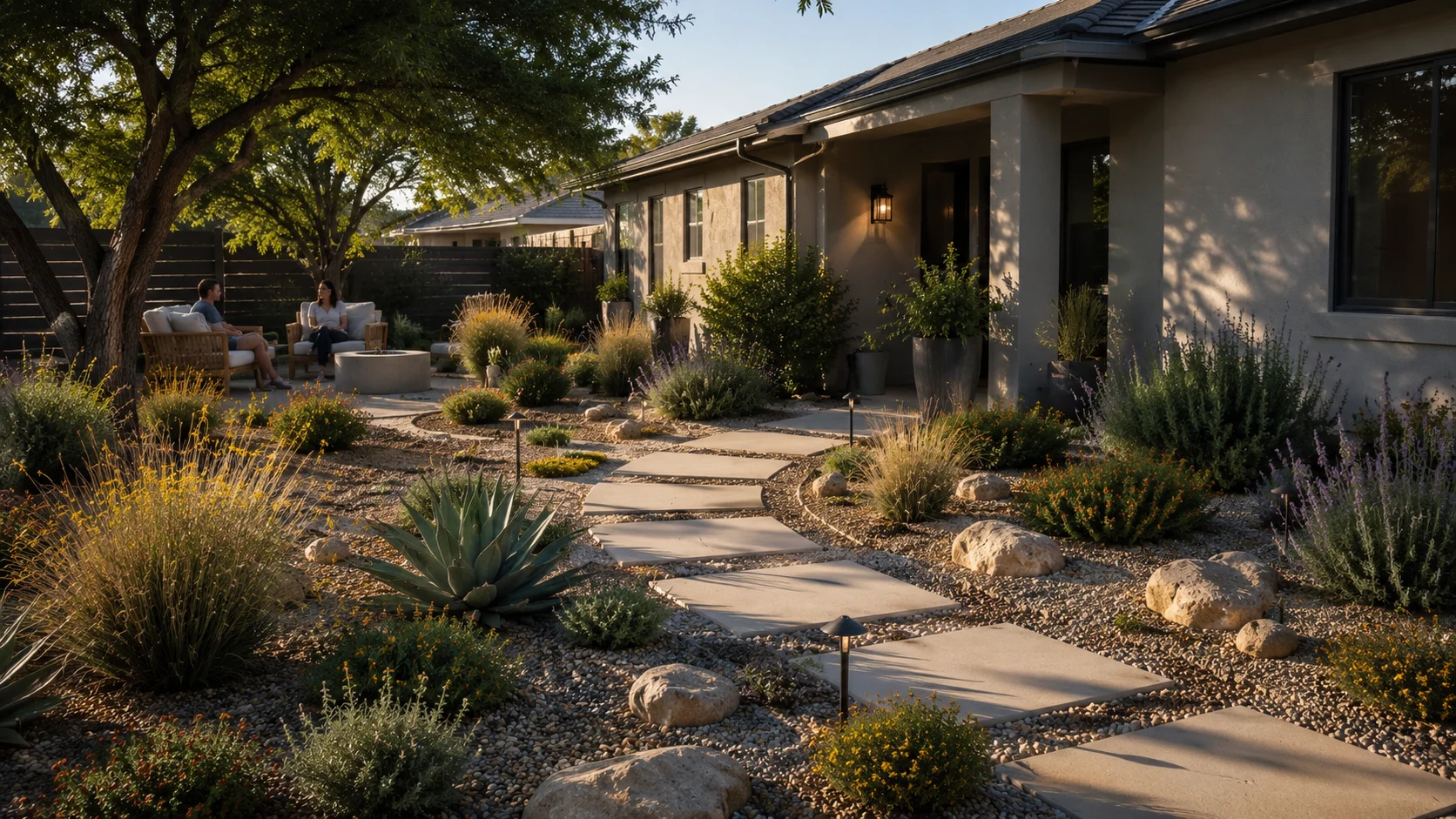 Layered xeriscape yard with repeated low-water plant groups, shade, paths, and a comfortable seating area.