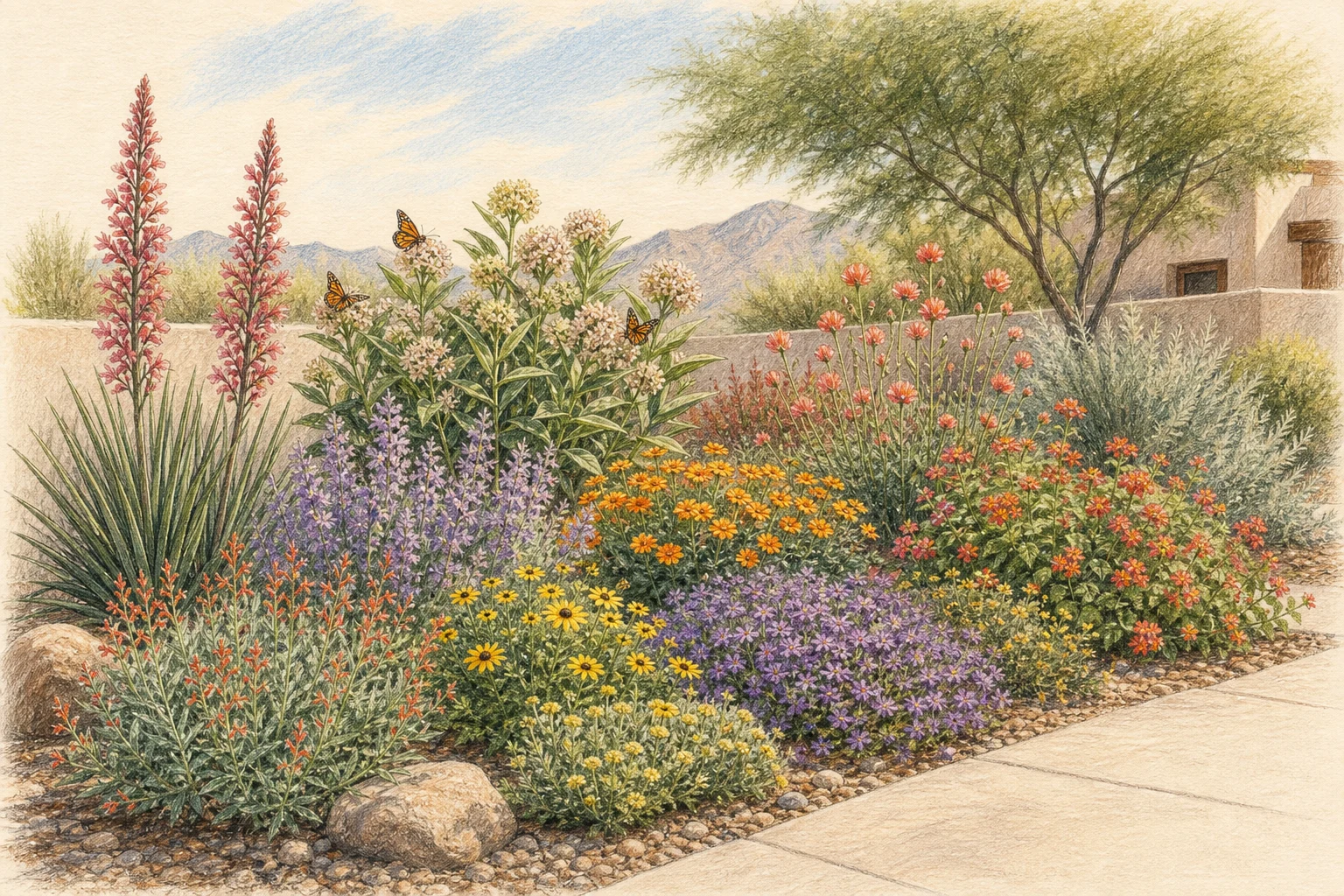 Colored-pencil rendering of a water-wise Southwest butterfly garden with desert milkweed, autumn sage, red yucca, and low flowering desert plants.