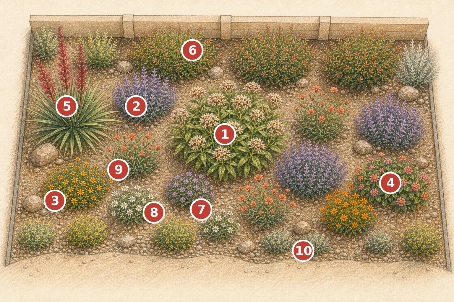 Numbered plan-view diagram for the American Southwest Butterfly Garden, with each plant number matching the plant palette and vignette legend below.