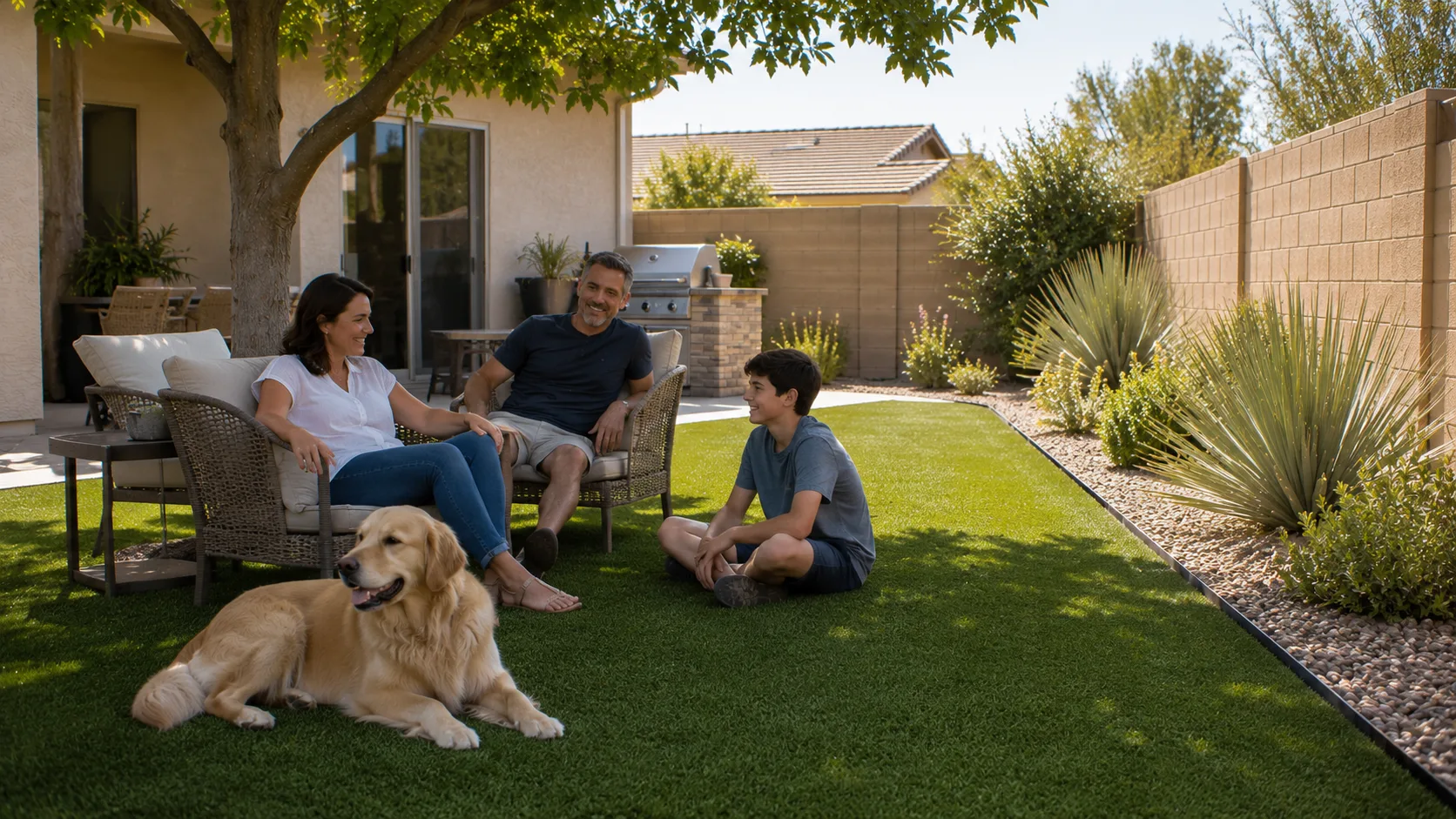 Residents and a dog enjoying a clean artificial turf yard after drainage issues have been addressed.