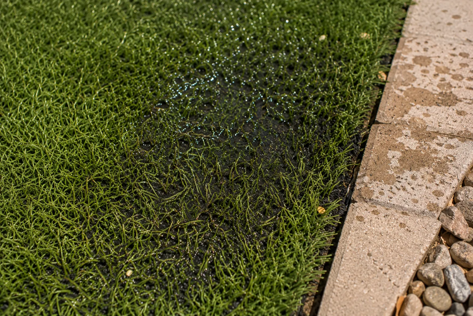 Artificial turf edge with subtle dampness and drainage warning signs near hardscape.