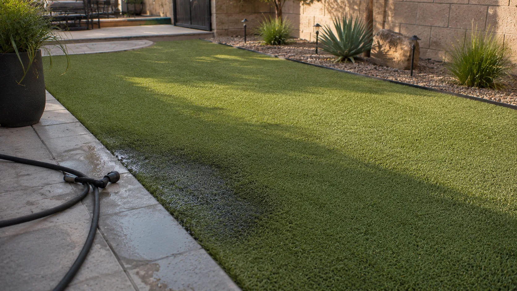 Artificial turf pet area with subtle dampness near an edge and a hose nearby for drainage diagnosis.