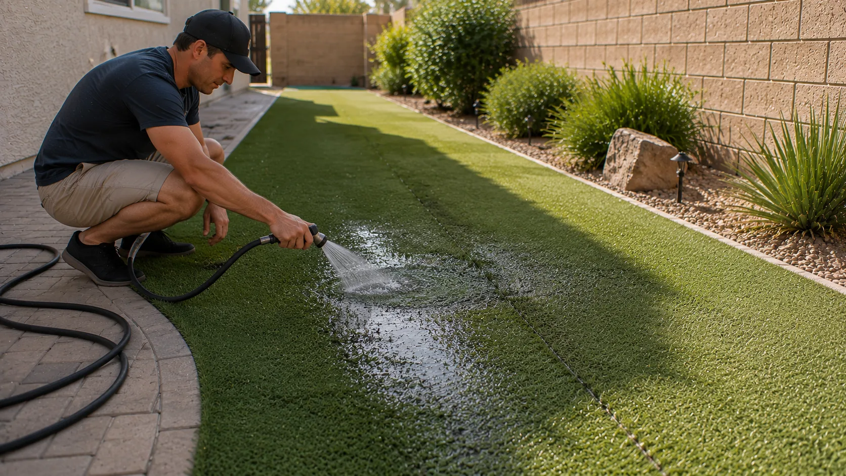 Homeowner using gentle hose flow to observe drainage in an artificial turf dog-use zone.