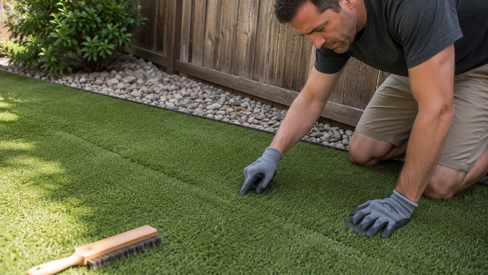 Homeowner inspecting an artificial turf seam and low spot without lifting or repairing the turf.