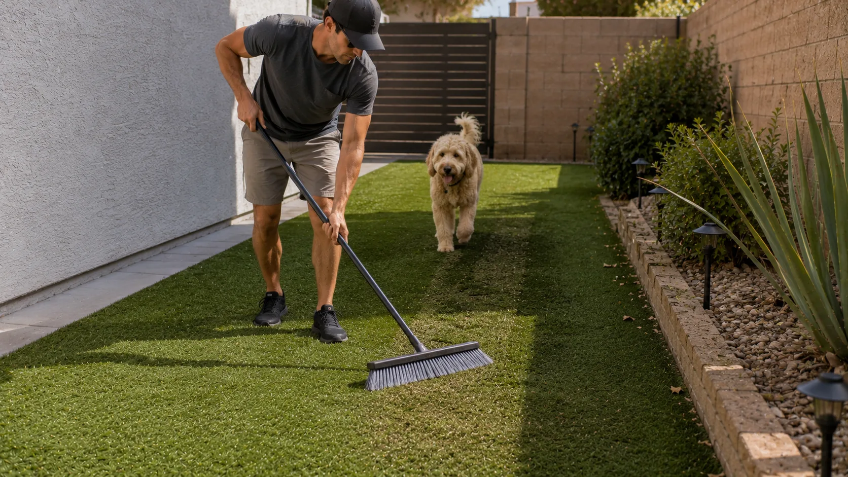 Homeowner brushing a matted artificial turf dog path with a generic turf-safe broom.