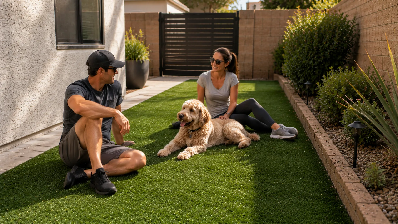 Residents and a dog enjoying a clean artificial turf backyard after routine maintenance.