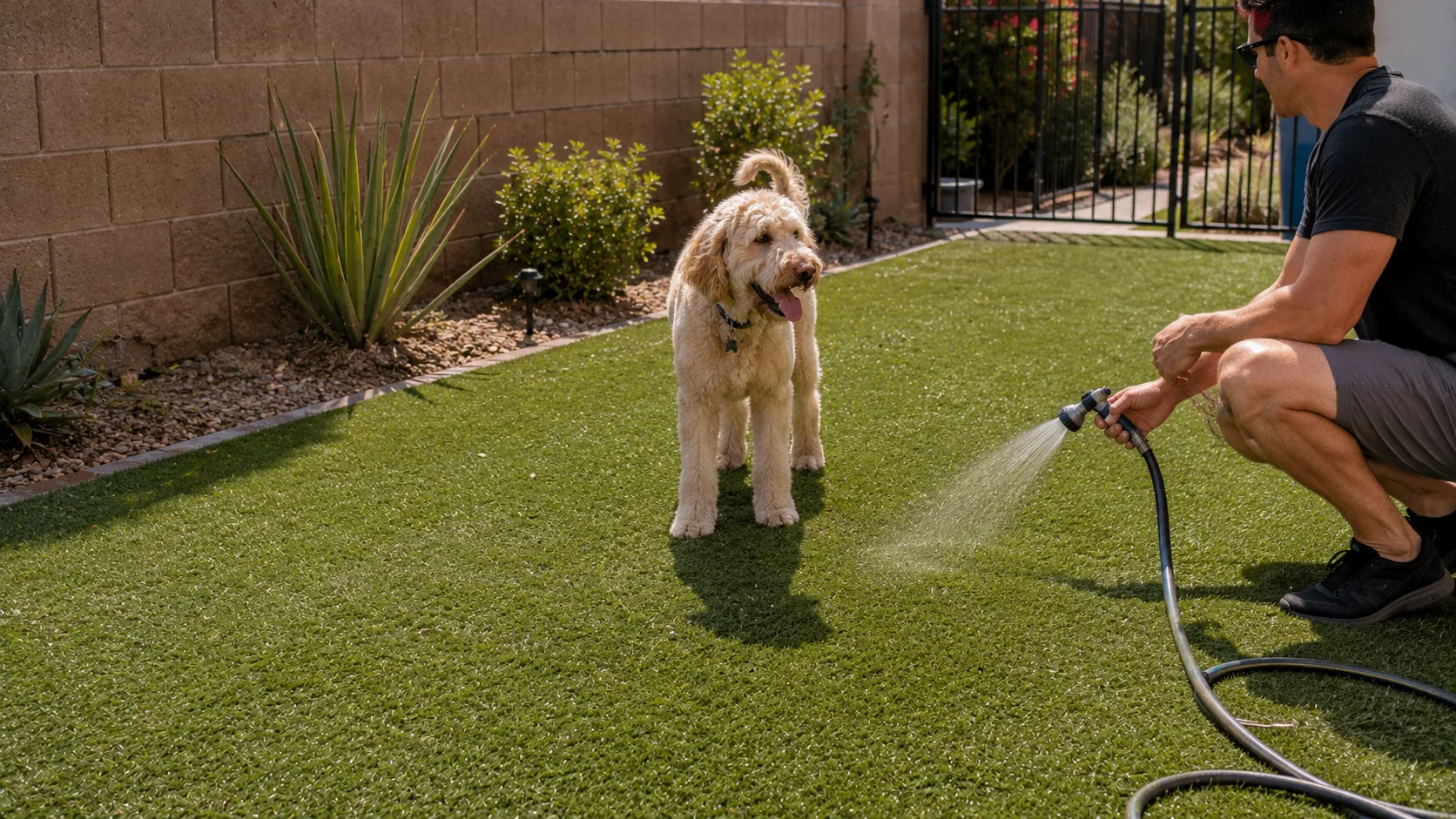 Clean artificial turf dog area with a hose nearby in a dry-climate residential yard.