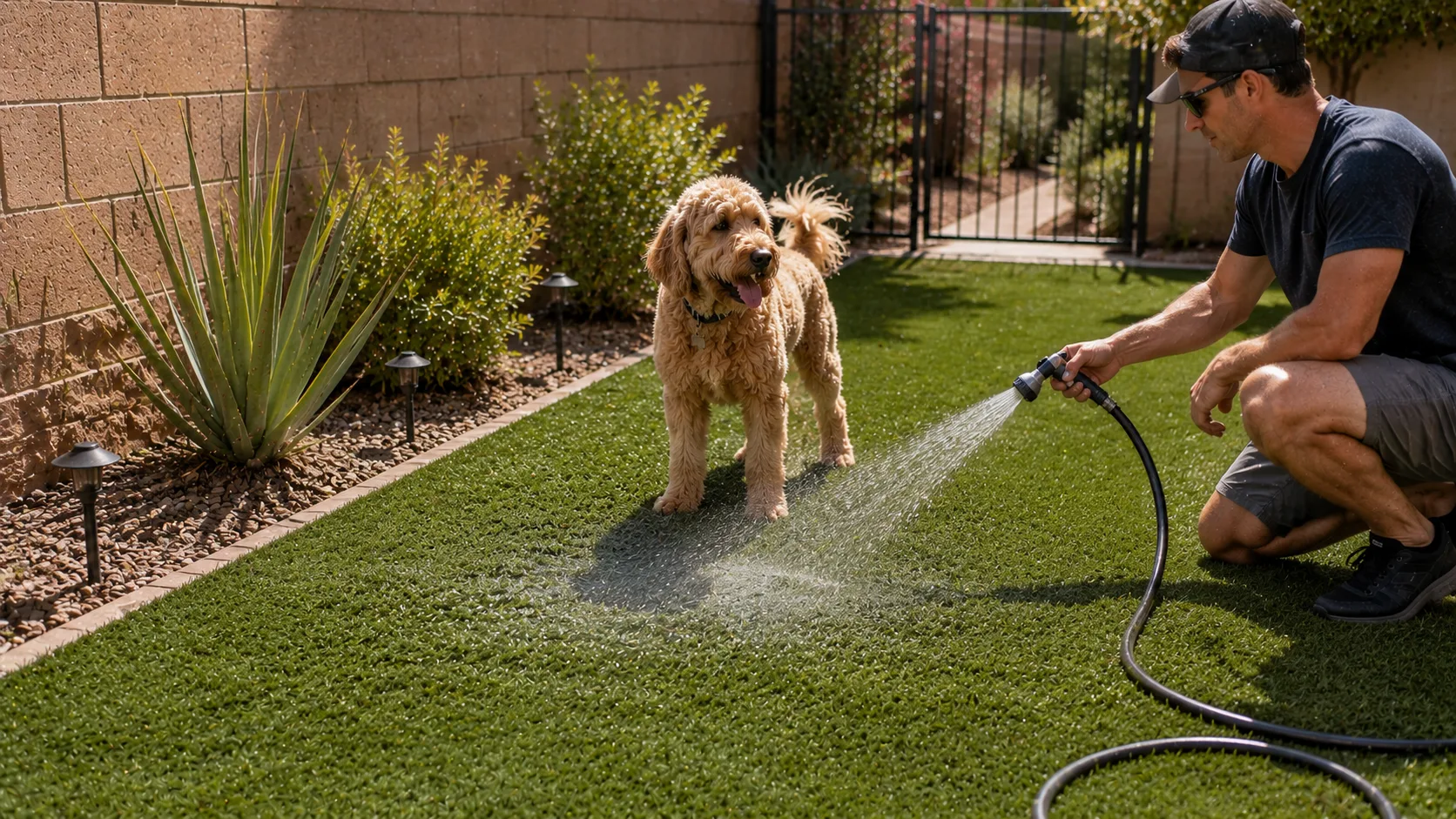Gentle hose rinsing a favorite dog-use zone in artificial turf near a patio edge.