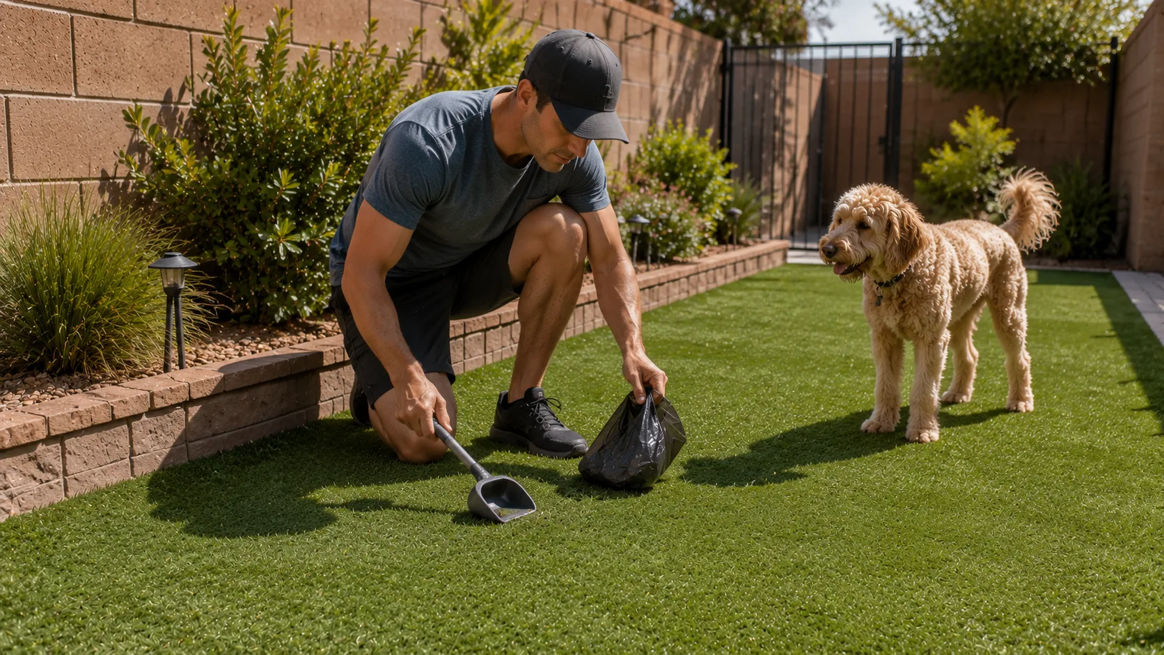 Tasteful artificial turf dog-area cleanup setup with a generic scoop and clean turf.