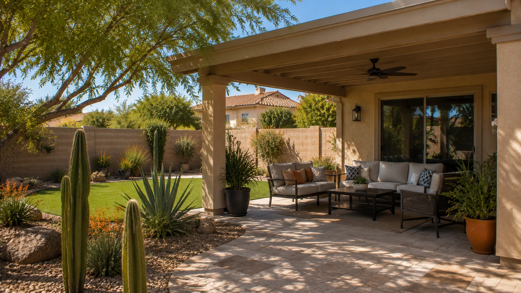 Modest homeowner-scale covered patio creating shade over an outdoor seating area with low-water planting nearby.