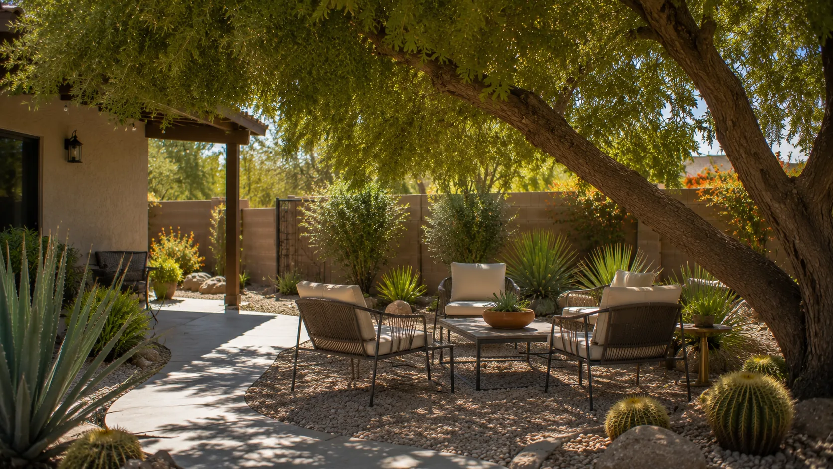 Living shade from a regionally plausible tree over a simple low-water backyard seating area.