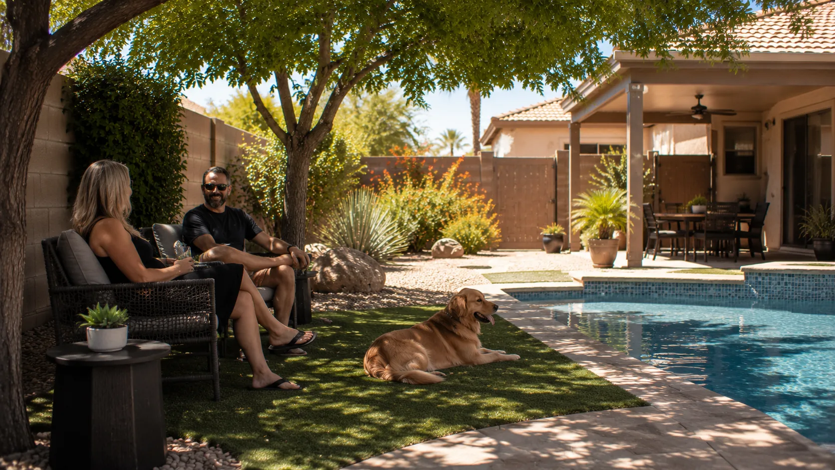 Shaded poolside and pet-friendly backyard zone with residents and a relaxed dog nearby.