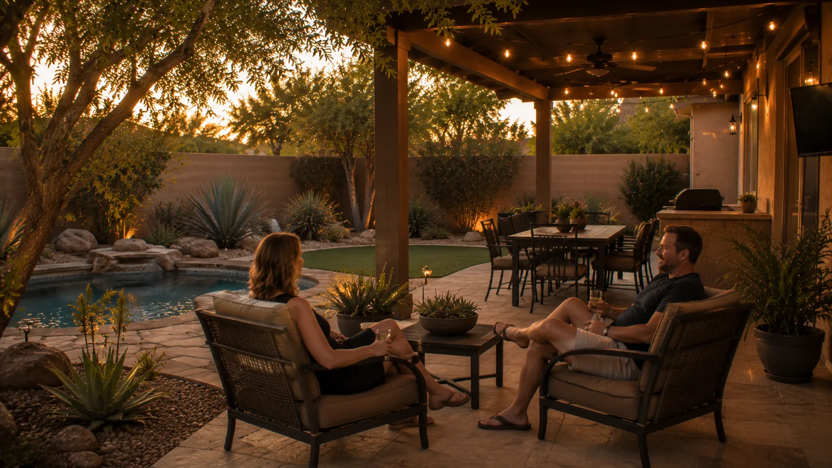 Residents enjoying a shaded hot-climate backyard outdoor room in warm evening light.