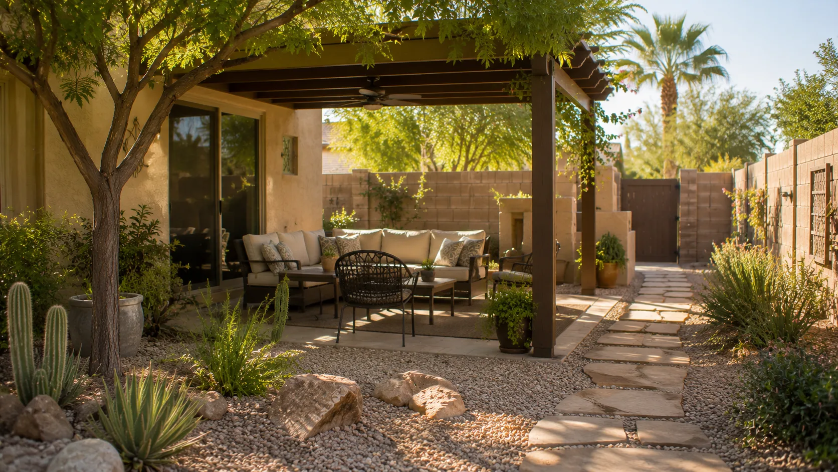 Shaded hot-climate backyard patio with low-water planting and a comfortable path from the house.