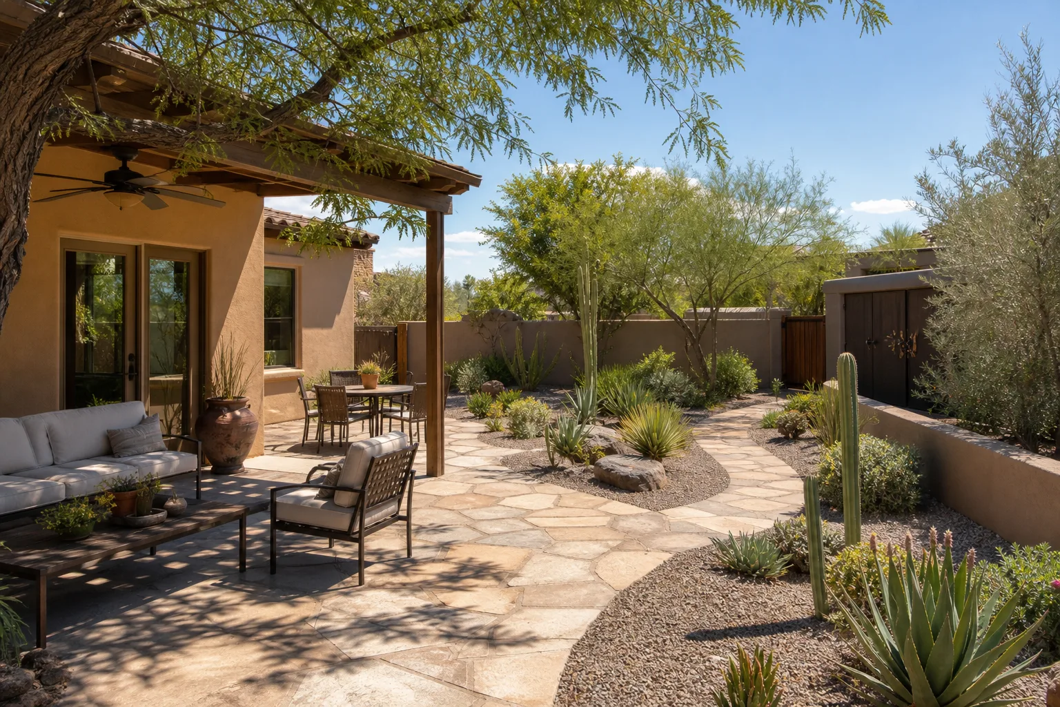 Backyard divided into outdoor living zones with a shaded seating area, dining space, path, and low-water planting.