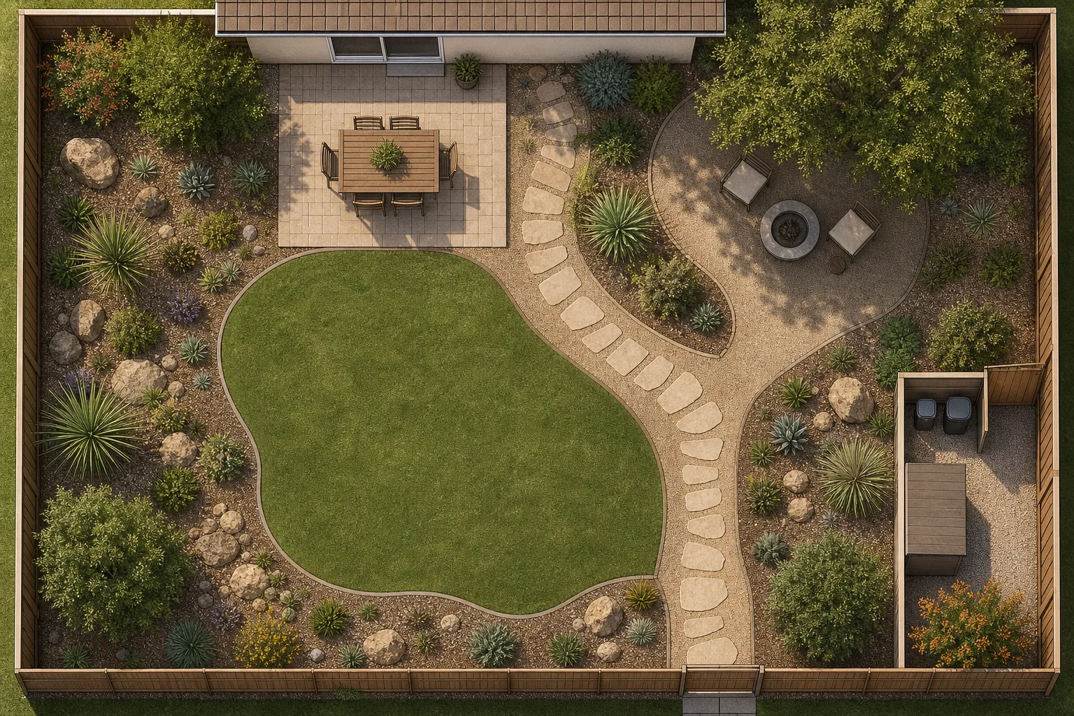 Simple backyard zone layout showing paths, dining, shade, planting, and utility areas.