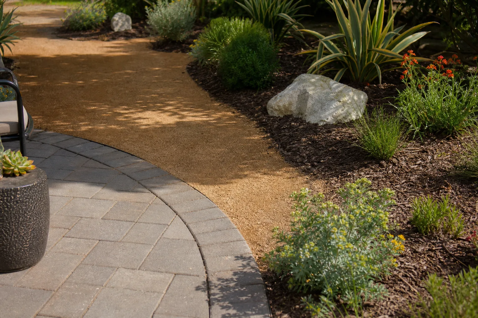 Backyard path where pavers, decomposed granite, mulch, and low-water planting meet cleanly.