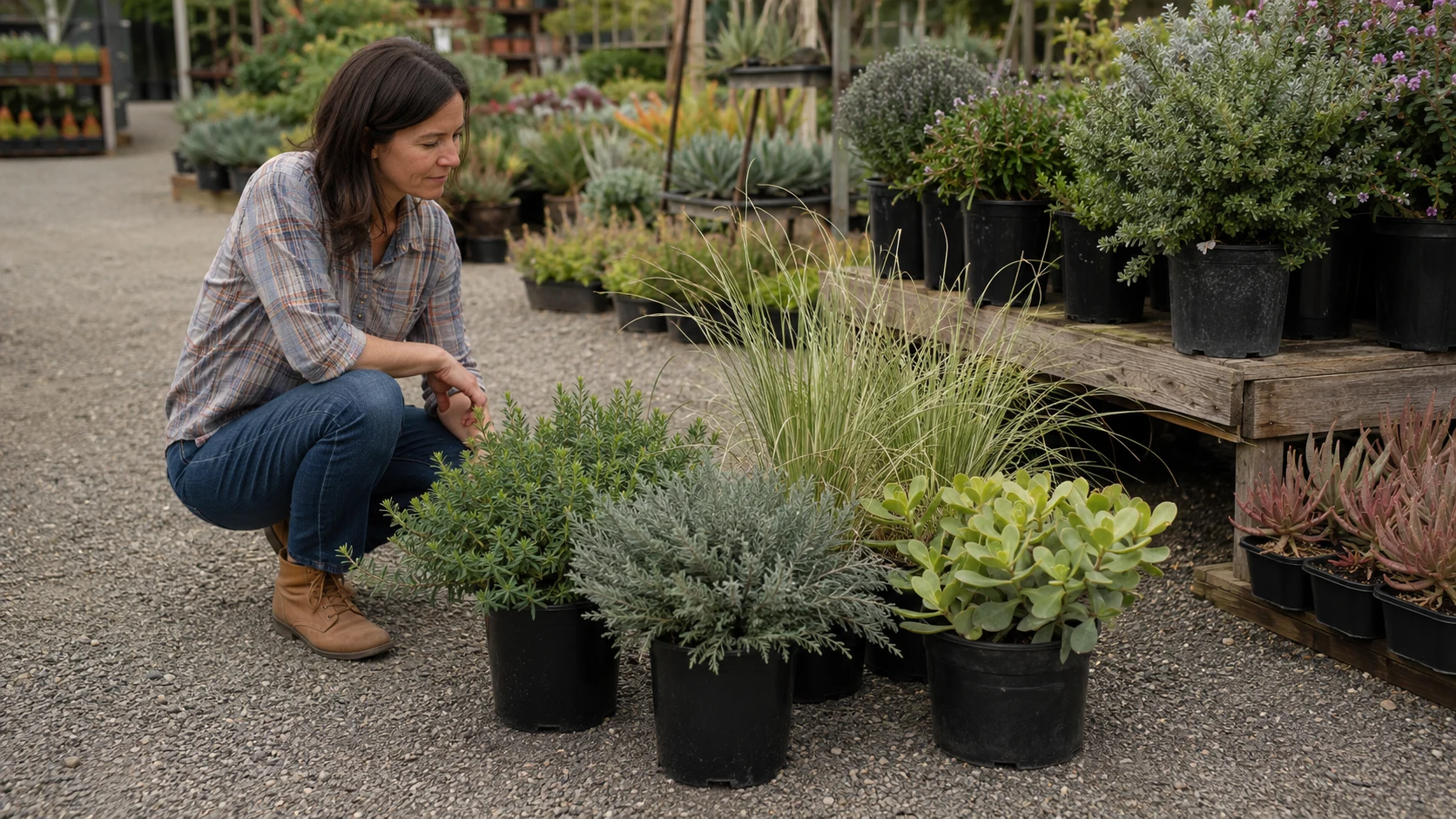 Unbranded nursery cart with low-water plants grouped by height, texture, and mature-size planning.
