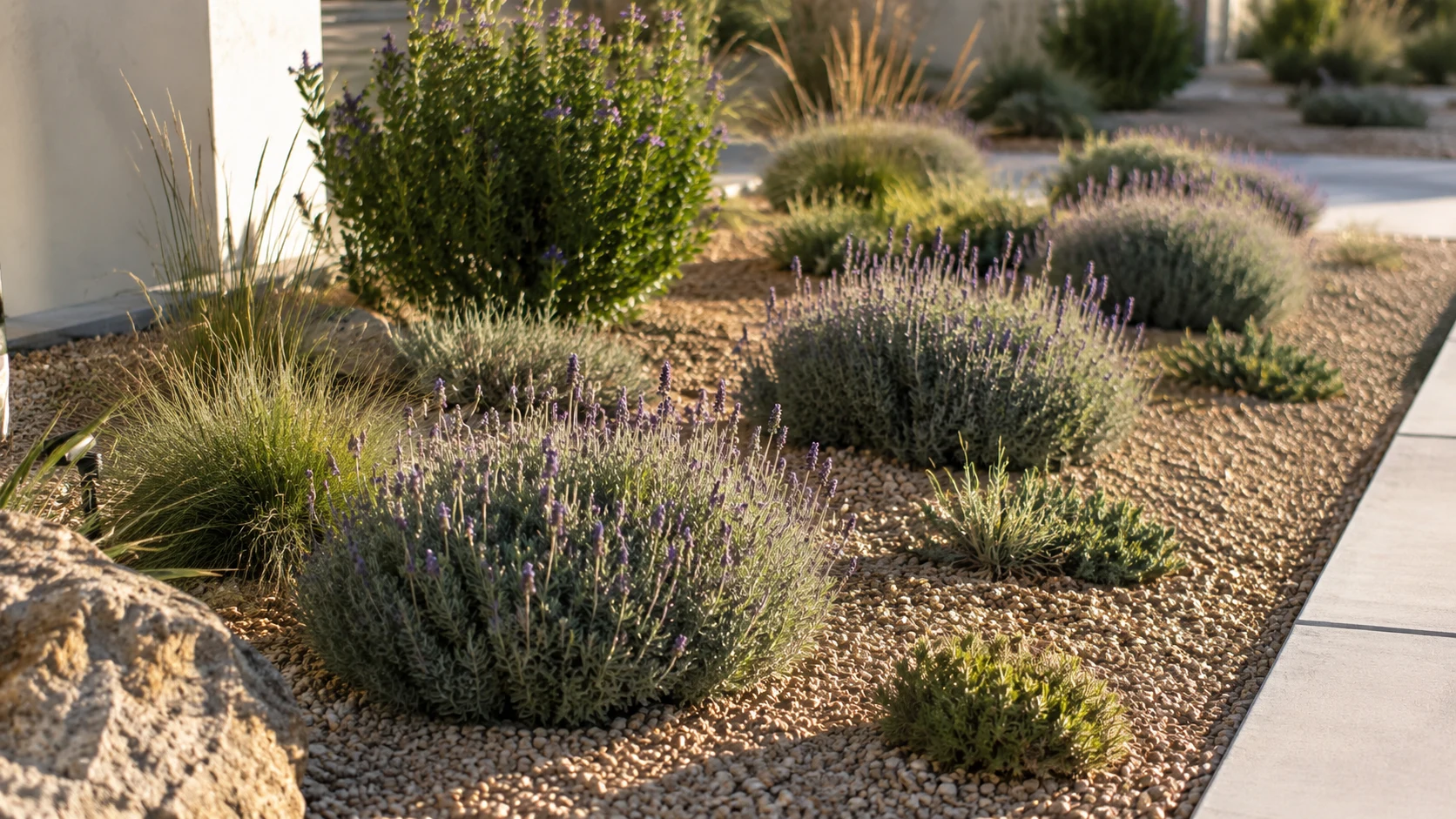 Repeated groups of low-water plants creating rhythm beside mulch, gravel, and a path edge.