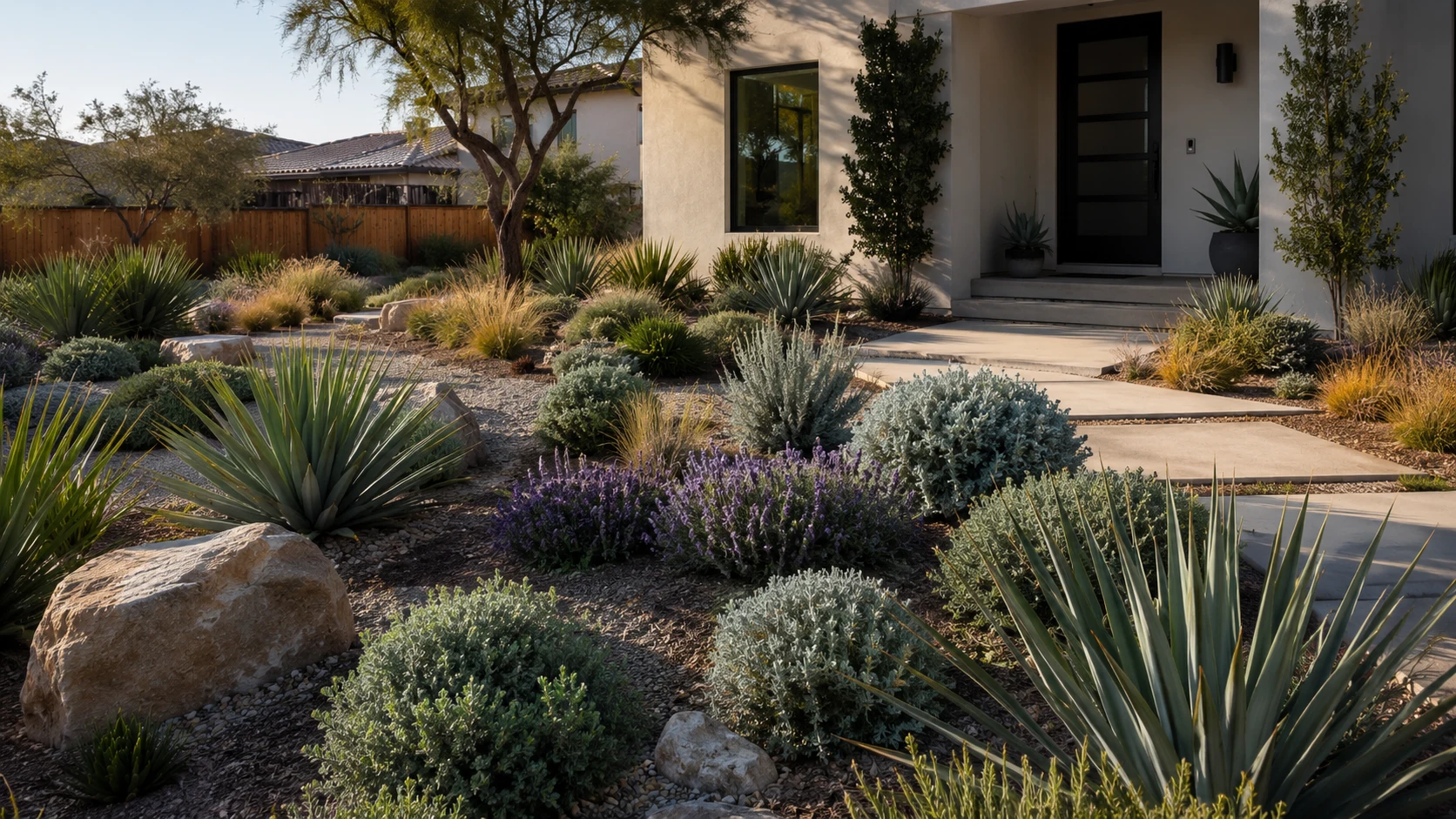 Mature low-water landscape with repeated plant groups, layered shrubs, grasses, and a clear path.