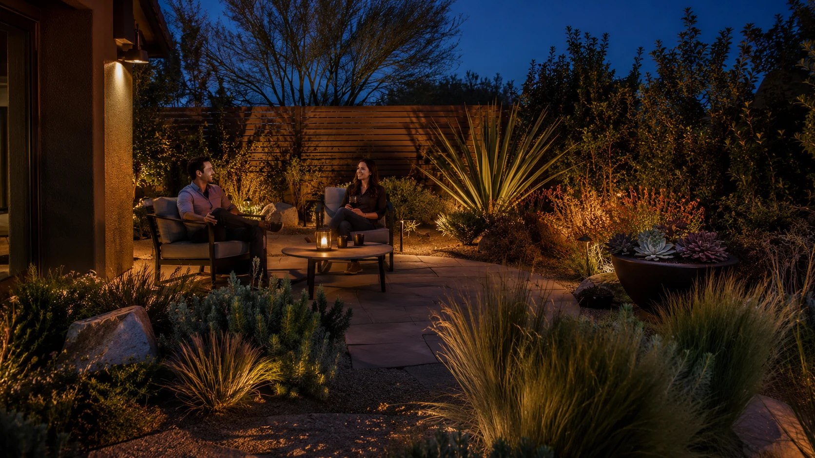 People relaxing on a patio framed by layered low-water planting and warm evening light.