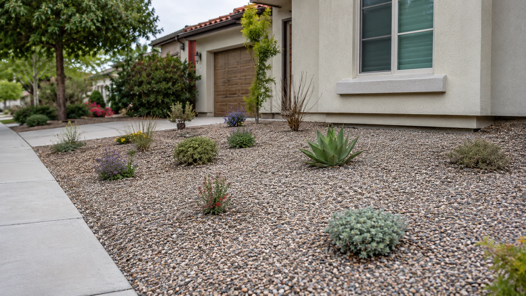 Low-water yard with small unrelated plants scattered too far apart across gravel.