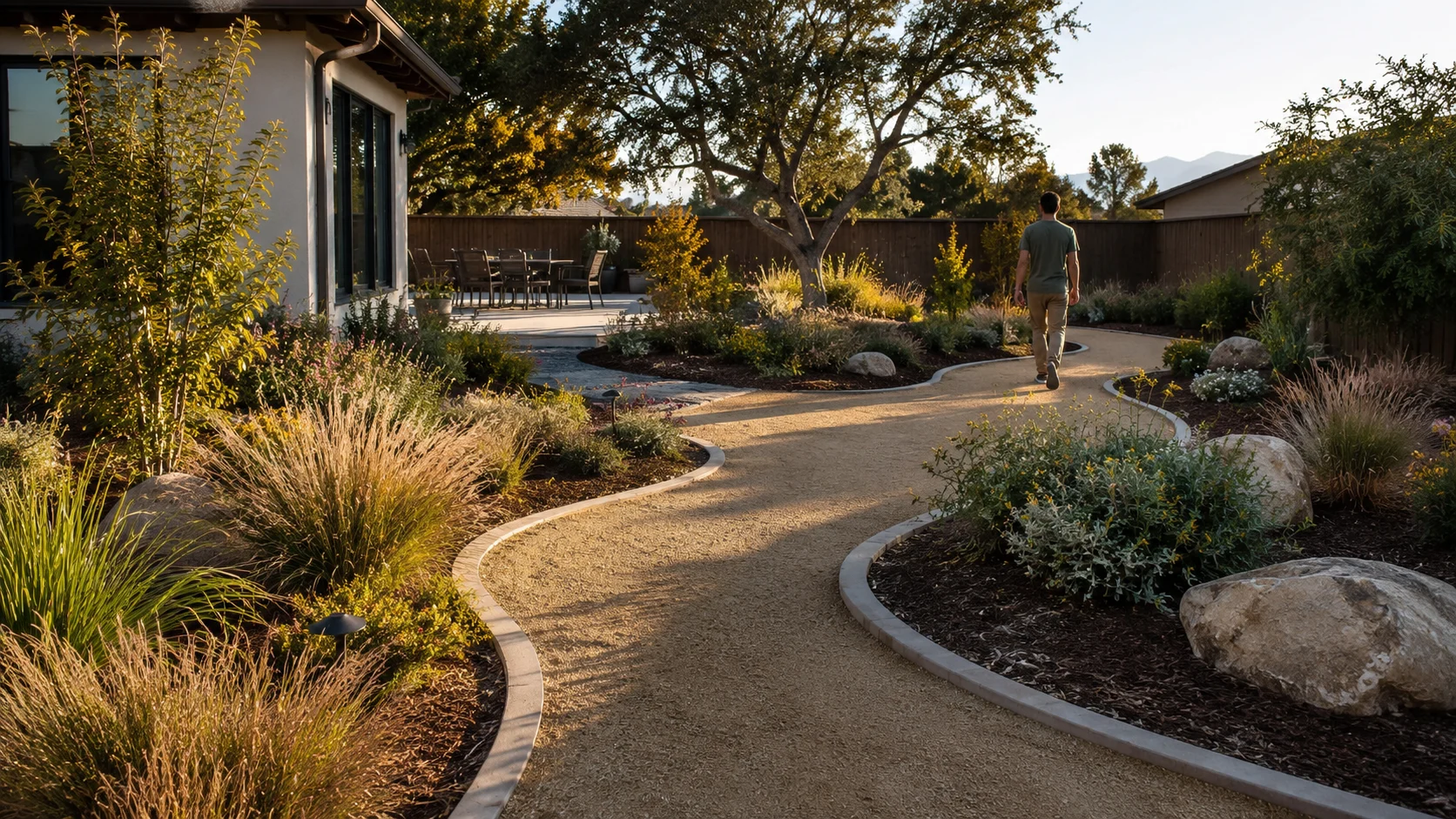 Low-water backyard with concrete edging separating decomposed granite paths from mulched planting beds.