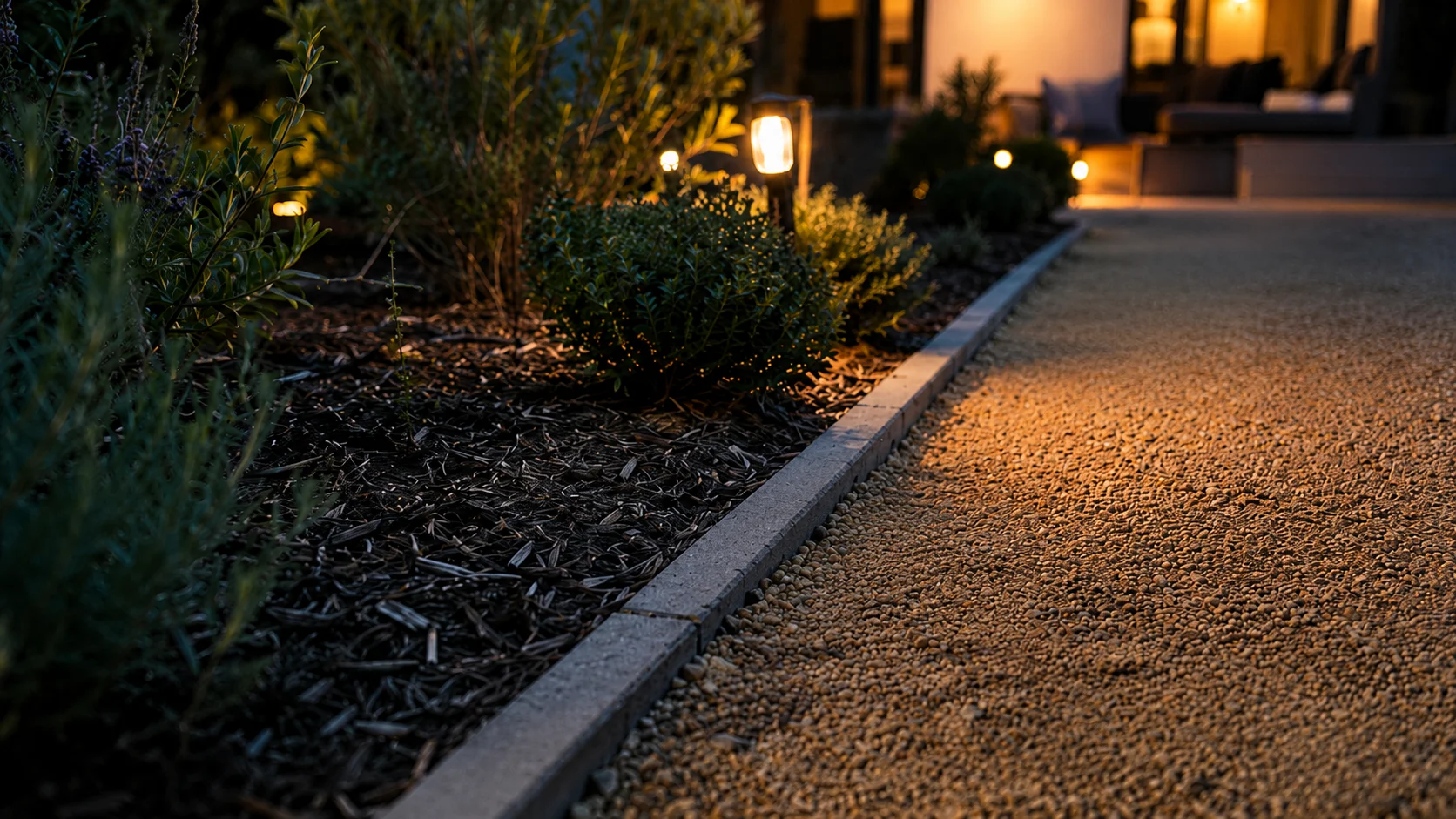 Gloved hand clearing stray mulch and gravel from low concrete edging beside a garden path.