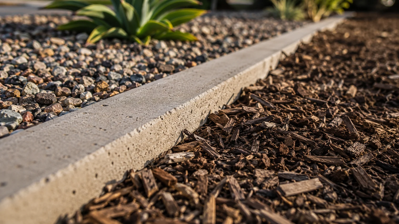 Close-up of concrete edging separating gravel from organic mulch in a low-water planting bed.