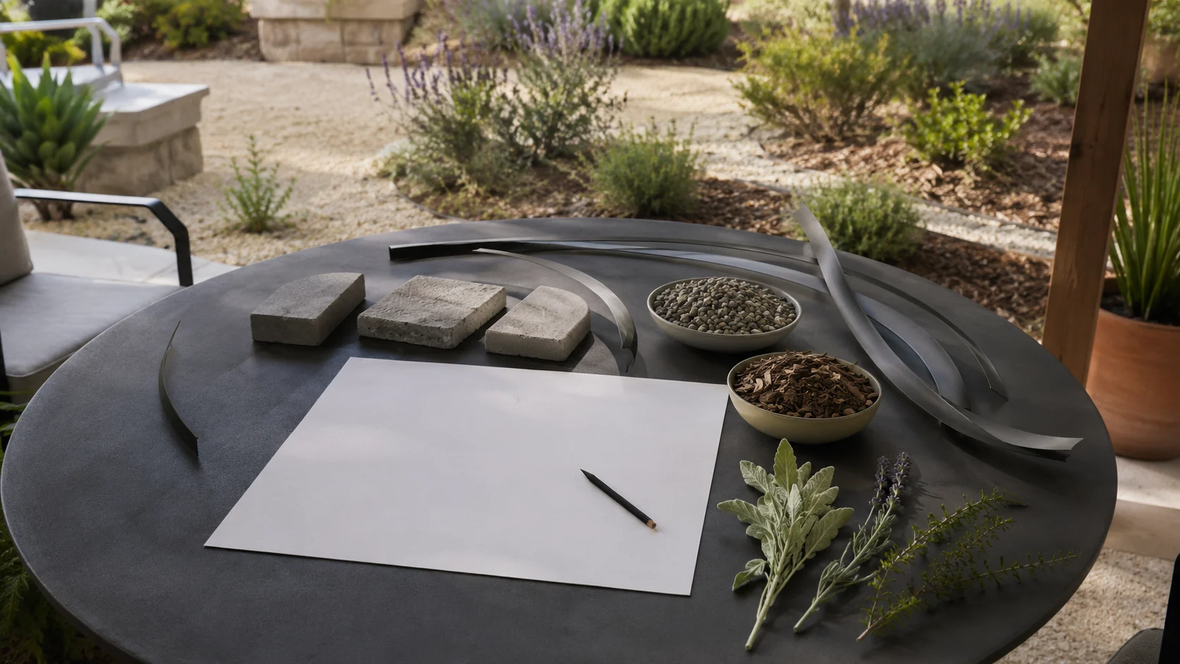 Outdoor planning table with a blank yard sketch, concrete samples, gravel, mulch, and plant clippings.