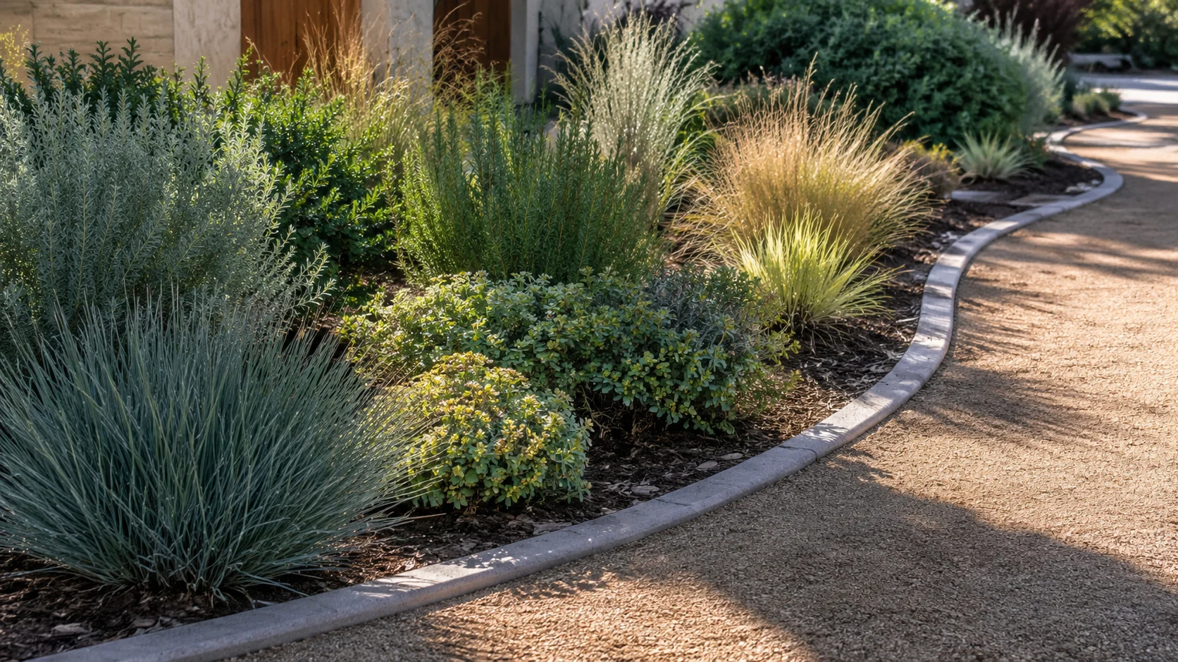 Curved concrete edging defining a low-water planting bed beside a gravel path.