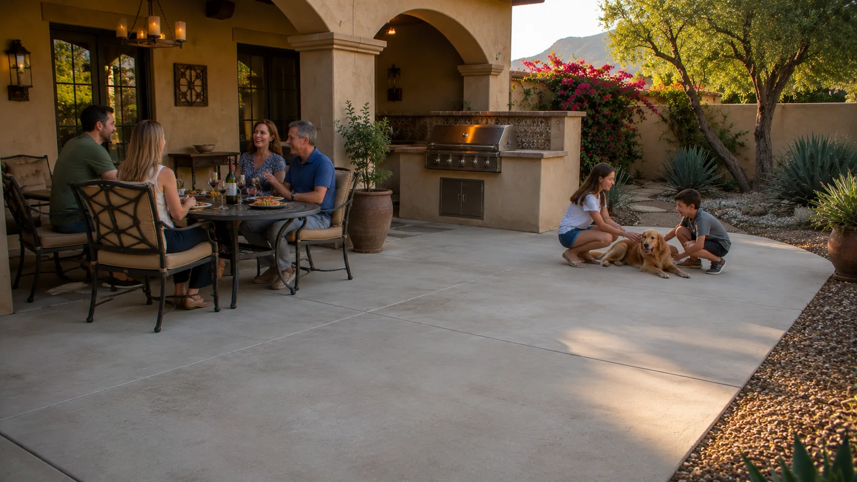 Residents enjoying a clean, welcoming Arizona concrete patio after routine maintenance.