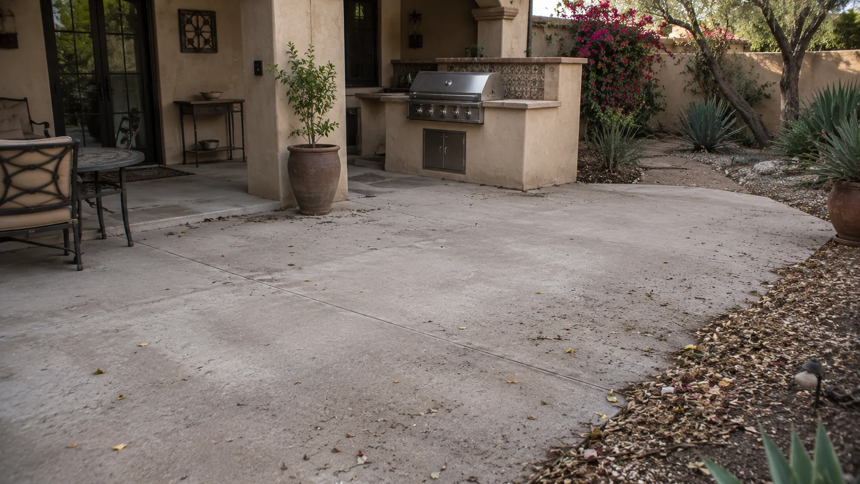 Concrete patio before routine cleaning with dust, leaf litter, furniture marks, and debris along the edge.