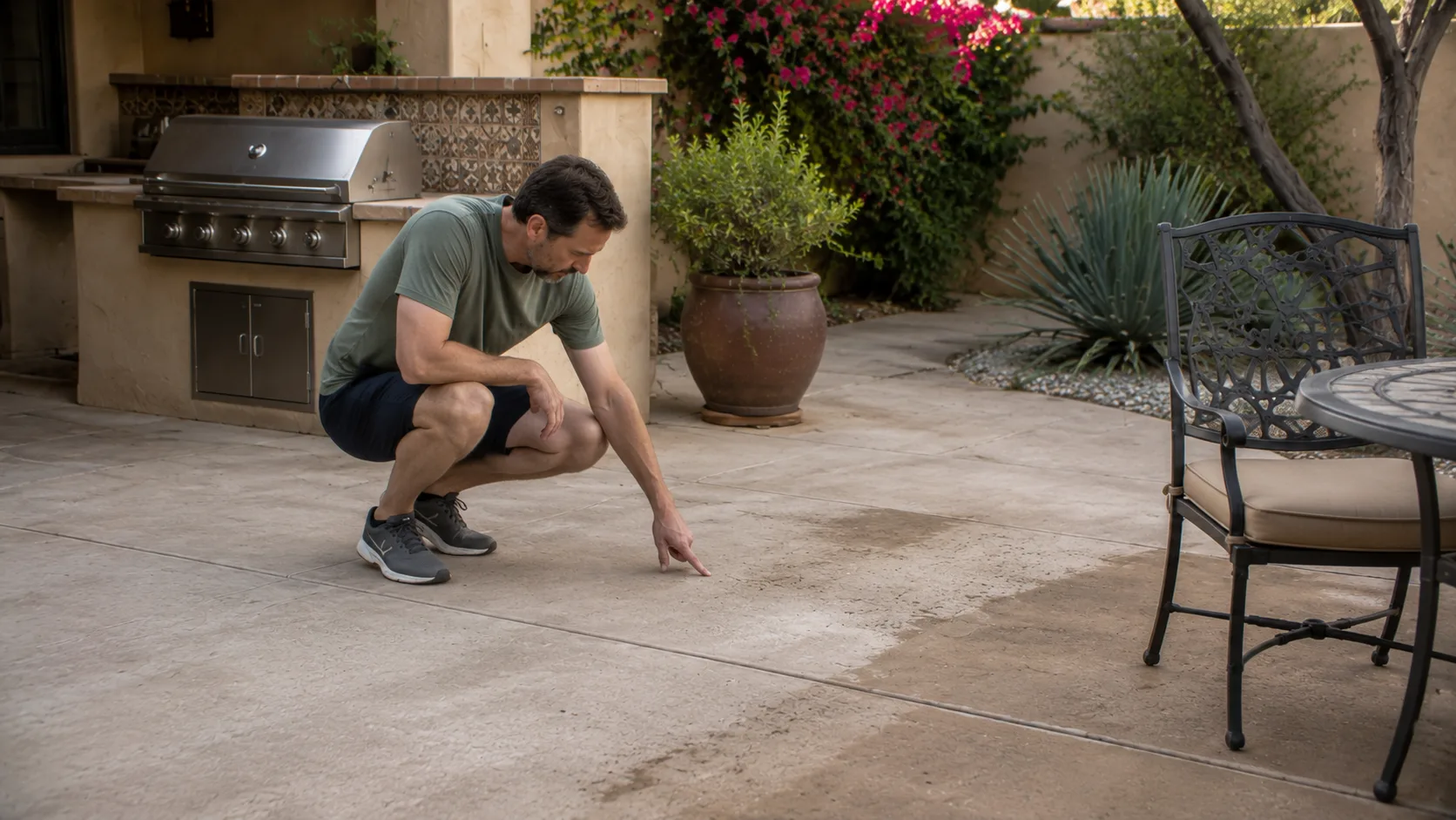 Homeowner inspecting concrete patio maintenance clues near furniture marks, planters, and an outdoor living area.