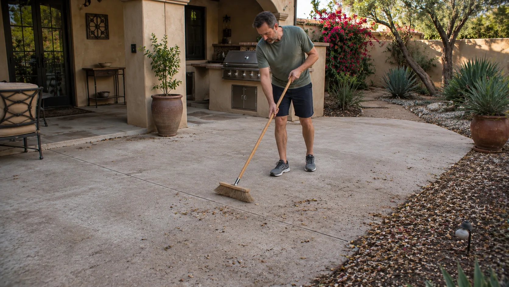 Resident sweeping dry debris from a concrete patio before a gentle rinse in an Arizona backyard.