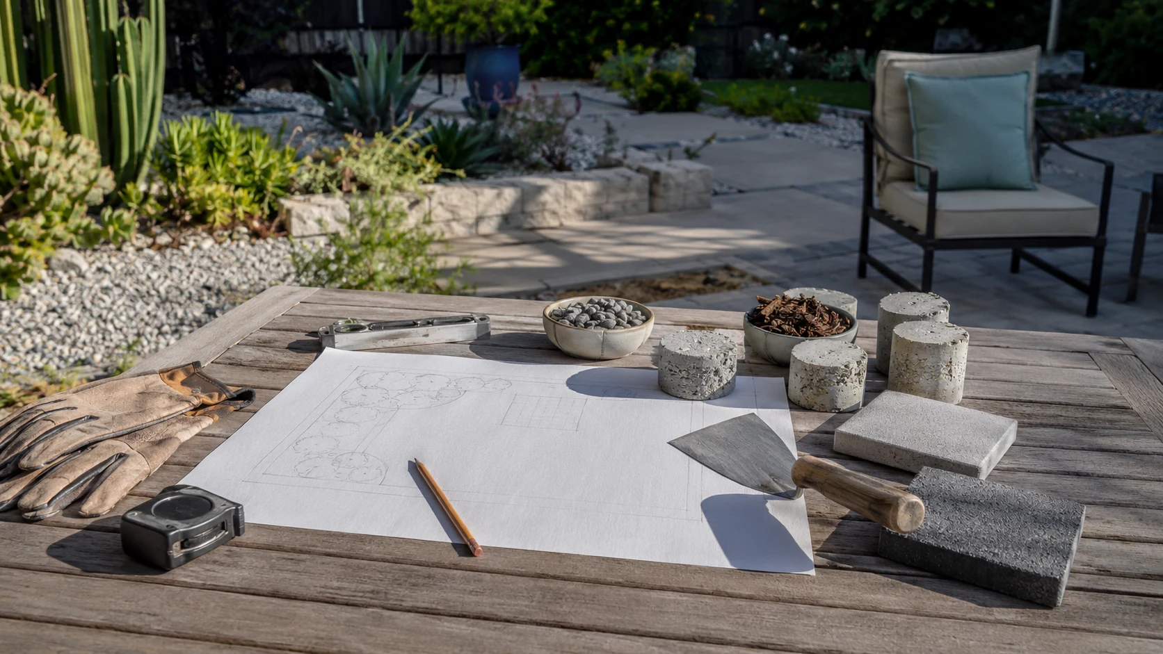 Outdoor planning table with a yard sketch, generic tools, and small concrete samples.