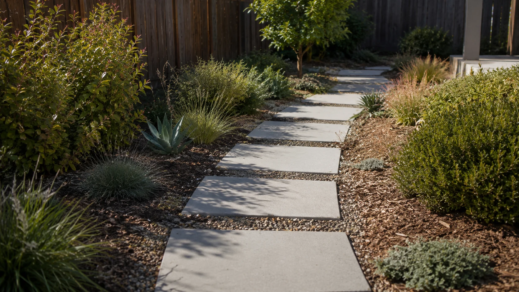 Concrete stepping stones forming a small backyard path through planting and mulch.