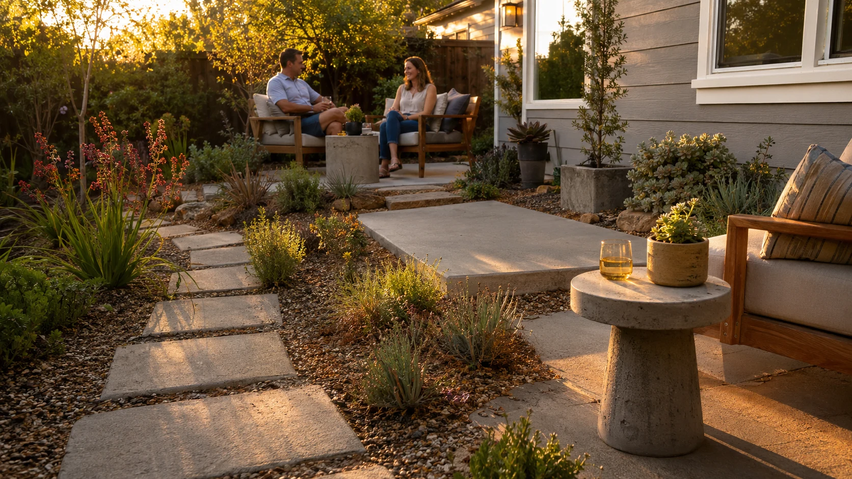 Backyard with small concrete stepping stones, planters, a utility pad, and seating.