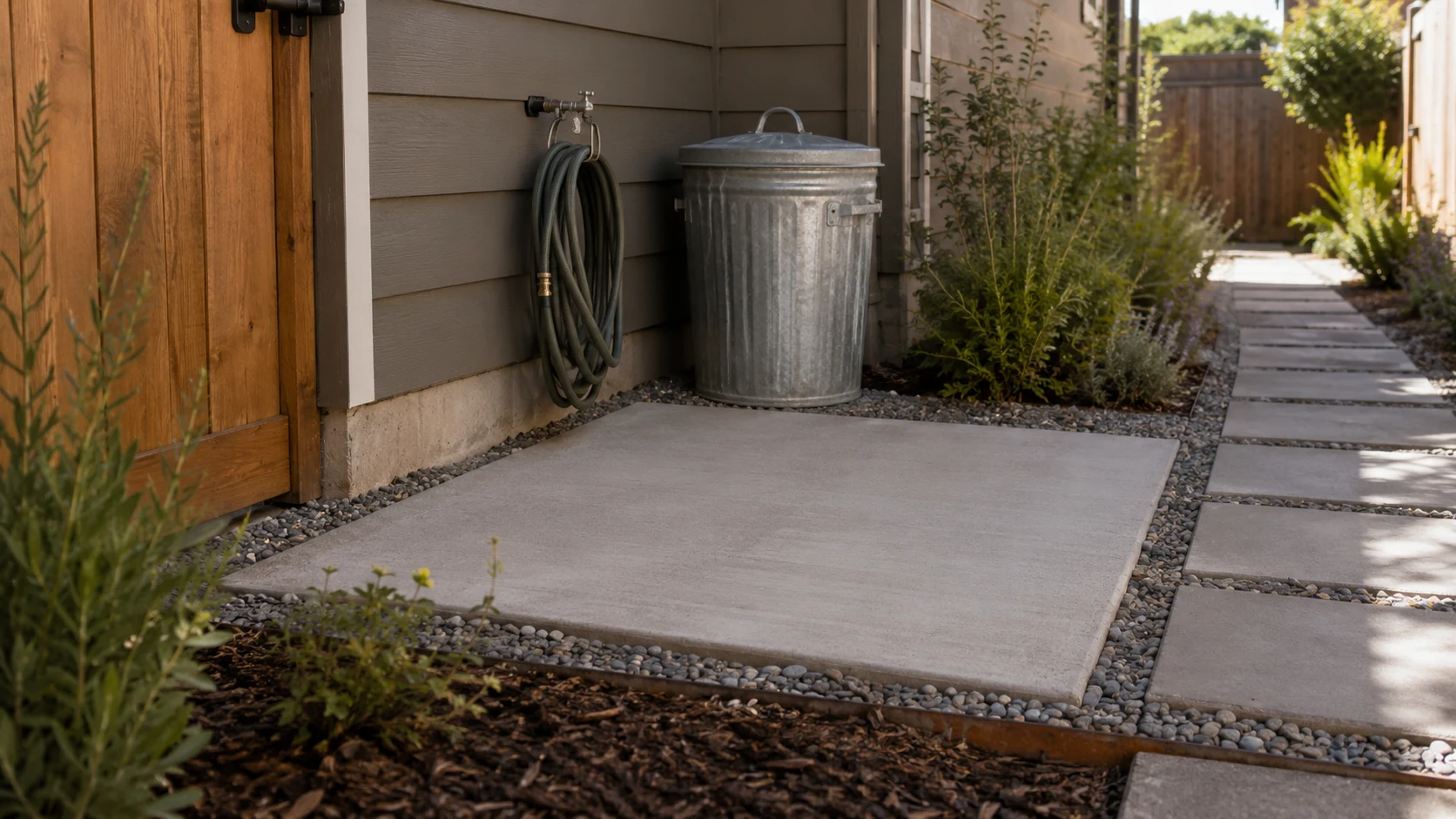 Small broom-finished concrete utility pad beside gravel and planting.