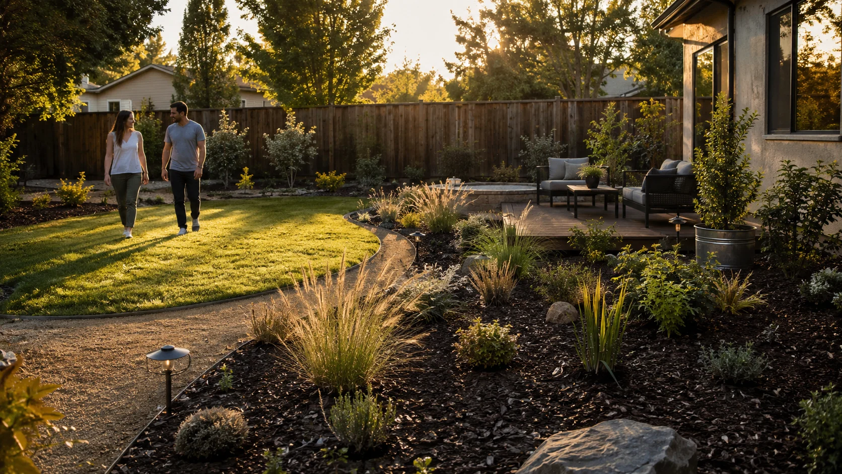 People enjoying a backyard where part of the lawn has been converted into a waterwise planting bed.